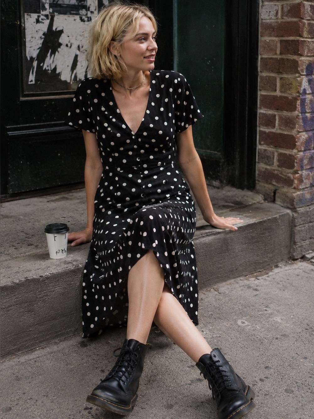 Madewell V-Neck Flutter Sleeve Midi Dress Black Polka Dot Size 2 - Picture 2 of 7